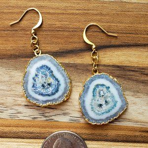 Icy Blue Electroformed Solar Quartz Earrings w/ Genuine Gold Plated Ear Wires